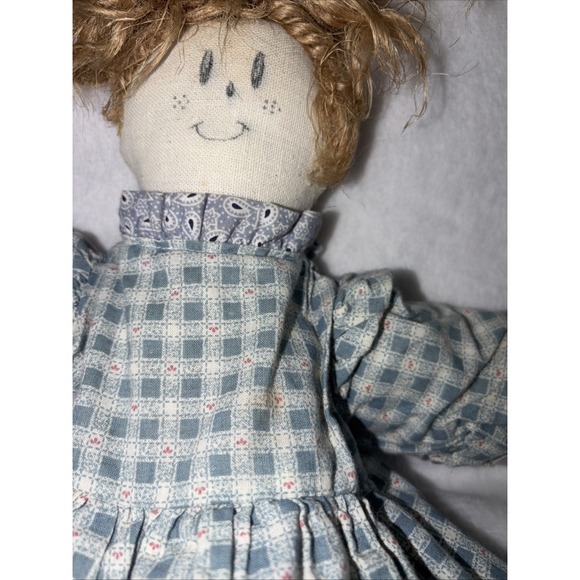 Vintage Cloth Rag Doll unruly hair Gingham dress painted face has some stains - Picture 3 of 8
